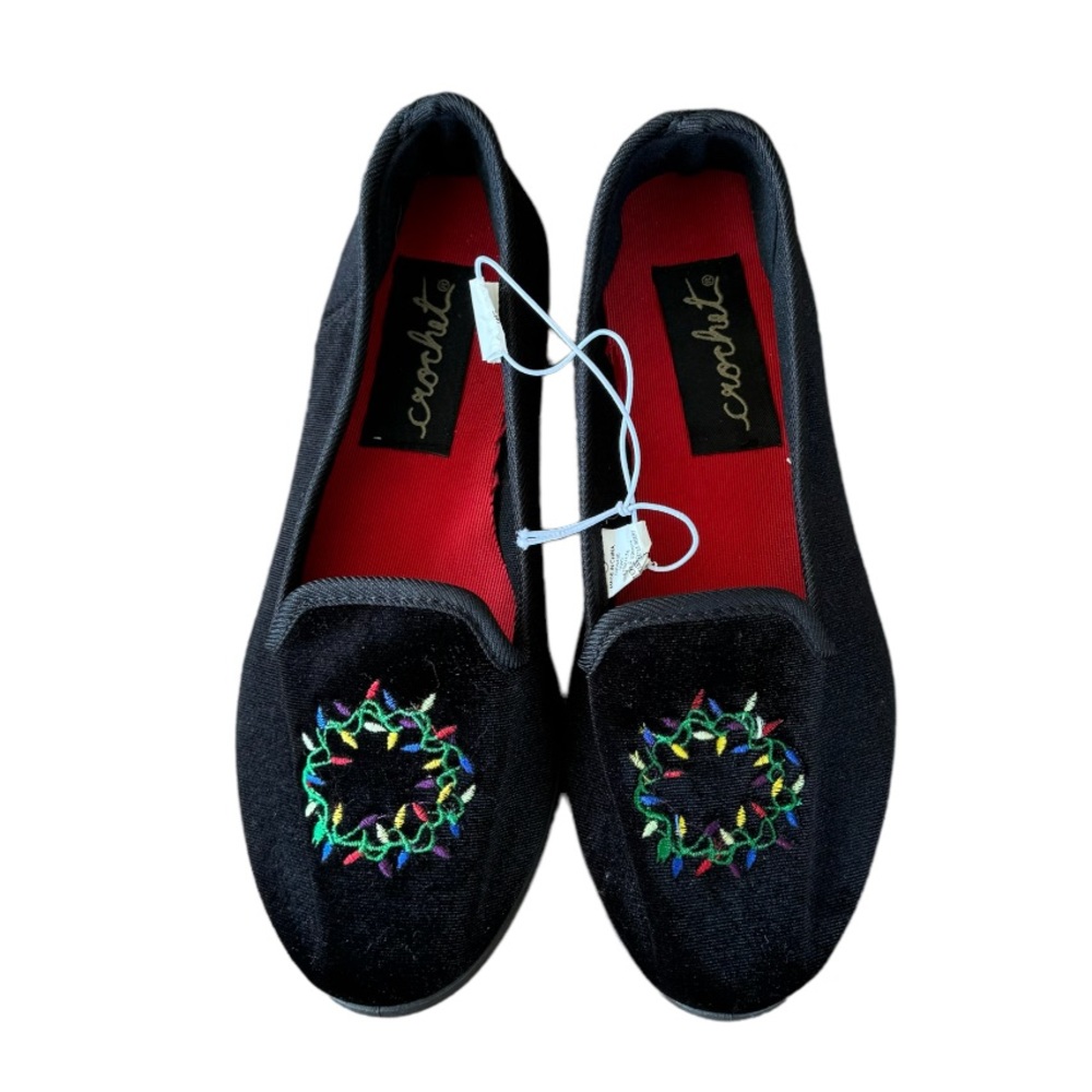 Crochet New Womens Black Christmas Wreath Slip On
Flats Casual Comfort Size 6